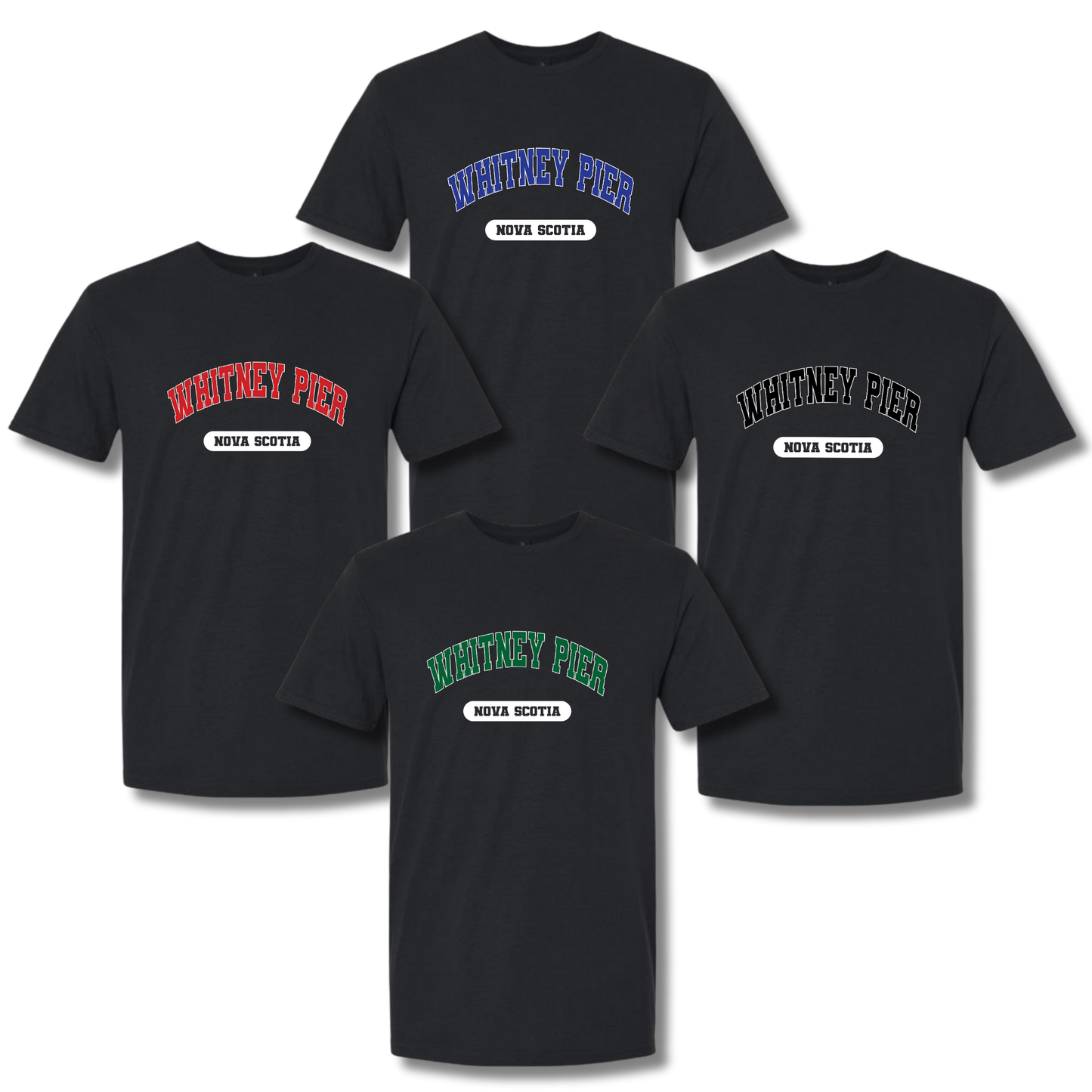 Four black short-sleeve t-shirts arranged on a white background, each showing a different colour variation of the 'Whitney Pier' graphic on the chest and back. The graphic features 'WHITNEY PIER' in arched text in red, blue, white, green, and grey, with 'NOVA SCOTIA' printed below in a white label shape.