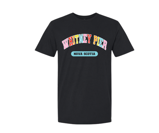 A black short-sleeve crewneck t-shirt featuring a colorful graphic on the chest that reads 'WHITNEY PIER' in rainbow-colored letters with 'NOVA SCOTIA' underneath in a light blue oval, displayed on a solid white background.