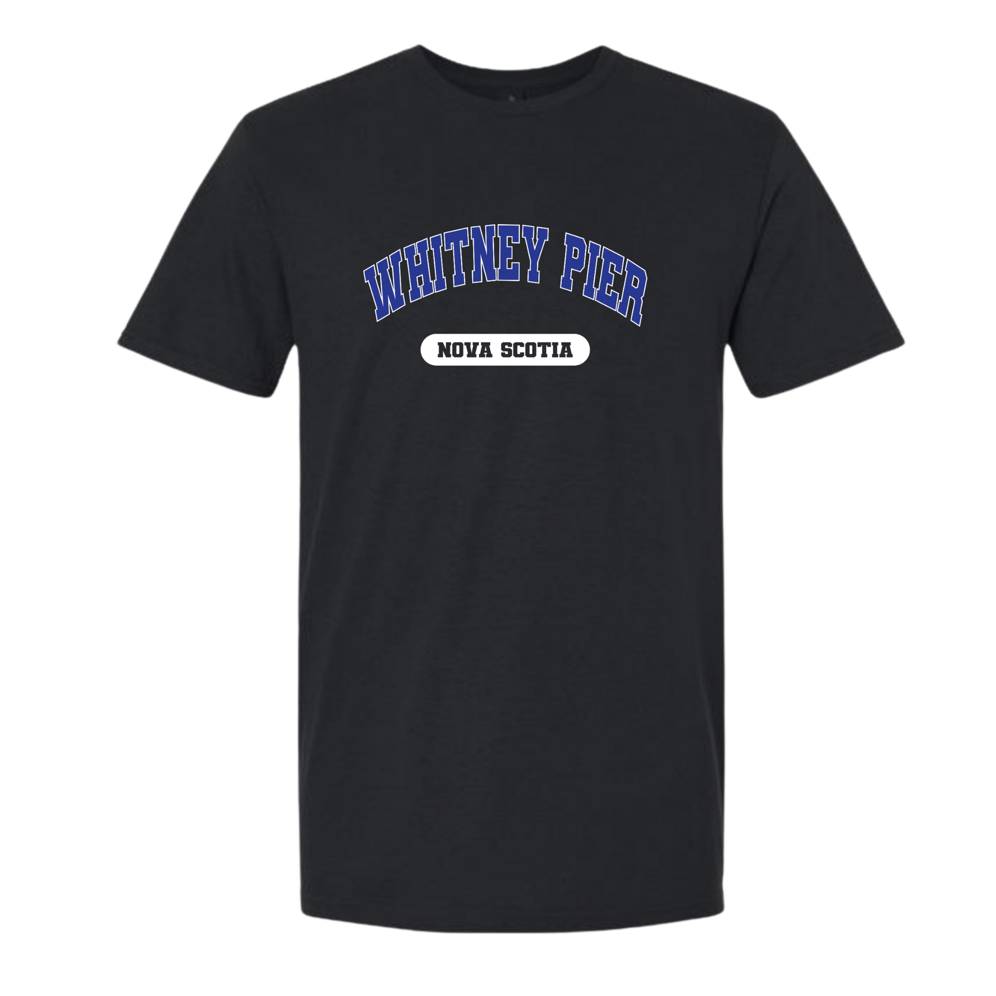 A black short-sleeve crewneck t-shirt featuring 'WHITNEY PIER' in blue varsity-style lettering with a white outline, and a white oval badge below reading 'NOVA SCOTIA'.