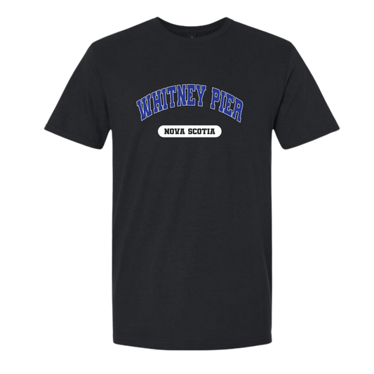A black short-sleeve crewneck t-shirt featuring 'WHITNEY PIER' in blue varsity-style lettering with a white outline, and a white oval badge below reading 'NOVA SCOTIA'.