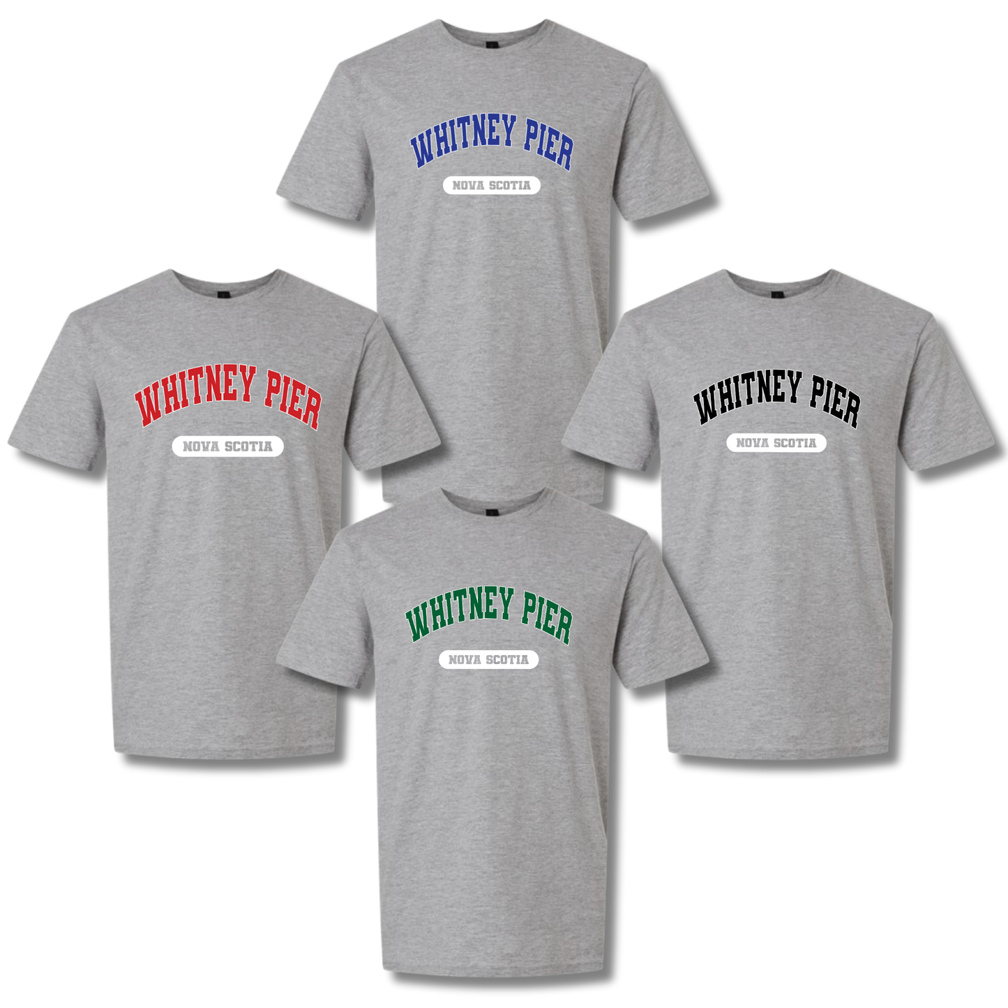 Four heather gray short-sleeve t-shirts arranged on a white background, each with a different colored 'WHITNEY PIER' graphic and 'NEVER SCOITA' text below.